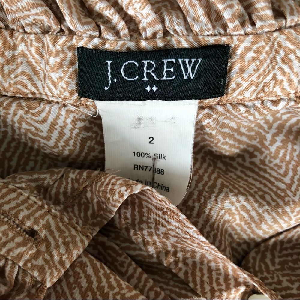 J.Crew Tan & White Patterned Silk Ruffle Collar Button Down Sleeveless Top - Picture 5 of 5